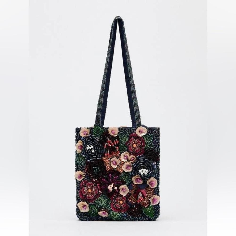 NWT Zara Woman Accessories Beaded Sequins Floral Embellished Small Tote Bag